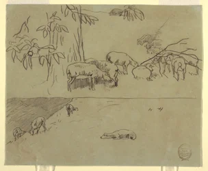 Zwei Ansichten von weidenden Schafen auf einem Feld, wahrscheinlich 1875–78