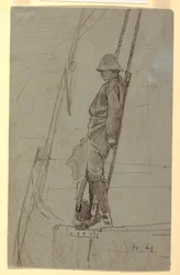 Zeichnung, Junger Mann lehnt an Segelboot-Rigg, wahrscheinlich 1861–62