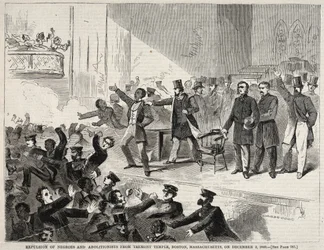 Vertreibung von Schwarzen und Abolitionisten aus dem Tremont-Tempel, Boston, Massachusetts..., 1860