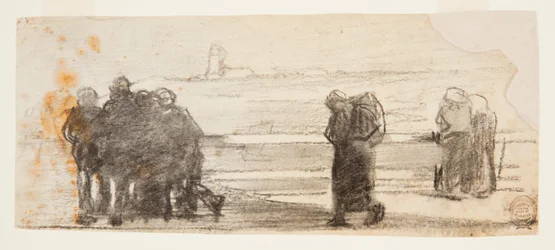 Figuren mit Blick auf die Bucht und ein kleines Boot, Cullercoats, England