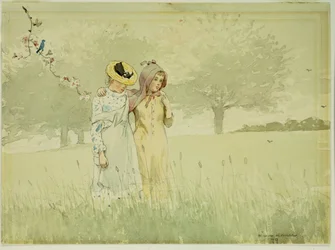 Mädchen spazieren in einem Obstgarten, 1879