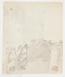 Männer und Frauen schauen aufs Meer, Cullercoats, England