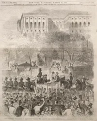 Der Einweihungszug in Washington passiert das Tor des Kapitolgeländes, 1861