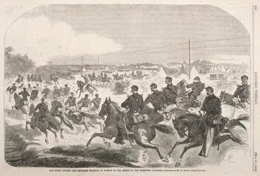 Die Union Kavallerie und Artillerie starten die Verfolgung der Rebellen auf dem Yorktown Turnpike, 1862