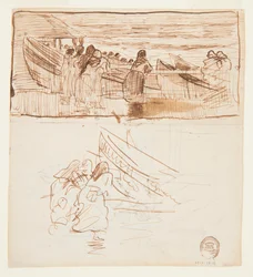 Zwei Studien von Frauen, die hinter einem Geländer stehen und den Stapellauf von Dories in Cullercoats, England, beobachten