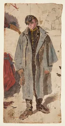 Junger Soldat, Skizze eines Soldaten, der einem verwundeten Kameraden Wasser gibt