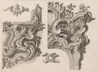 Vorschlag für die Dekoration des unteren rechten und oberen rechten Teils eines Altarrahmens..., gedruckt ca. 1750-56