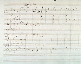 Seite der Partitur der Symphonie Nr. 8 in D-Dur, von Mozart (1768)