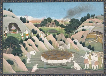 Das Begräbnisfeuer des Affenkönigs Vali: Illustrierte Seite aus einer verstreuten Ramayana-Serie