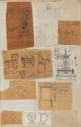 Seite aus einem Sammelalbum mit Zeichnungen und mehreren Drucken von Architektur, ca. 1800-1850. Schöpfer: Werkstatt von Charles Percier, Werkstatt von Pierre François Léonard Fontaine