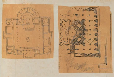 Seite aus einem Sammelalbum mit Zeichnungen und mehreren Drucken von Architektur, ca. 1800-1850. Schöpfer: Werkstatt von Charles Percier, Werkstatt von Pierre François Léonard Fontaine
