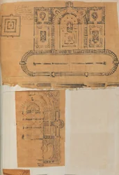 Seite aus einem Sammelalbum mit Zeichnungen und mehreren Architekturabdrücken, ca. 1800-1850. Schöpfer: Werkstatt von Charles Percier, Werkstatt von Pierre François Léonard Fontaine