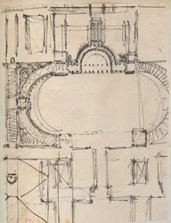 Seite aus einem Sammelalbum mit Zeichnungen und mehreren Drucken von Architektur, ca. 1800-1850. Werkstatt von Charles Percier, Werkstatt von Pierre François Léonard Fontaine
