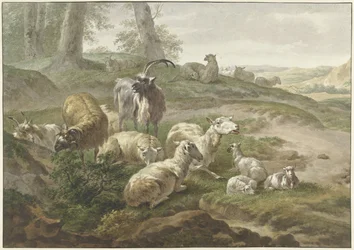 Ziegen und Schafe in einer hügeligen Landschaft
