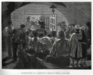 Keller für Polichinelles, ein Keller für Puppenspiele. Gravur von X. Mellery, zur Illustration der Geschichte von Belgien von Camille Lemonnier, veröffentlicht in Le tour du monde, herausgegeben von Edouard Charton (1807-1890)