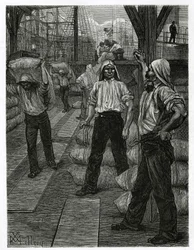 Das Entladen eines Schiffes, die Hafenarbeiter mit Teermützen auf dem Kopf stapeln die Waren auf den Docks des Hafens von Antwerpen. Gravur von X. Mellery, zur Illustration der Geschichte Belgien, von Camille Lemonnier, veröffentlicht in Le tour du monde, 