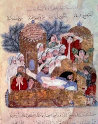 Miniatur-Begräbnisszene aus den „Maqamat“ (Sitzungen) von Abu Mohammed al-Kasim ibn Ali Hariri, illuminiert von Yahya Mahmud al-Wasiti, 1237 Paris, B.N.