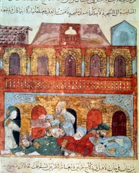 Der vagabundierende Navigator Abu-Zayd und die schlafenden Händler. Miniatur aus den Maqamat (Seances) von Abu Mohammed al-Kasim ibn Ali Hariri (1054-1122) illuminiert von Yahya Mahmud al-Wasiti