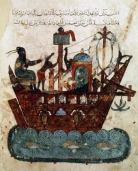 Abu Zayd und Al-Harith segeln von Basra nach Oman, Miniatur aus Maqamat von al-Hariri (Die Treffen), ca. 1240