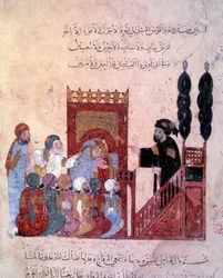 Der wandernde Navigator Abu-Zayd betritt die Moschee von Maragha. Miniatur aus den Maqamat von Abu Mohammed al-Kasim ibn Ali Hariri, illuminiert von Yahya Mahmud al-Wasiti