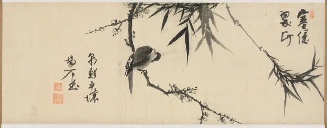 Vogel schläft auf einem Pflaumenbaum, frühe 1900er