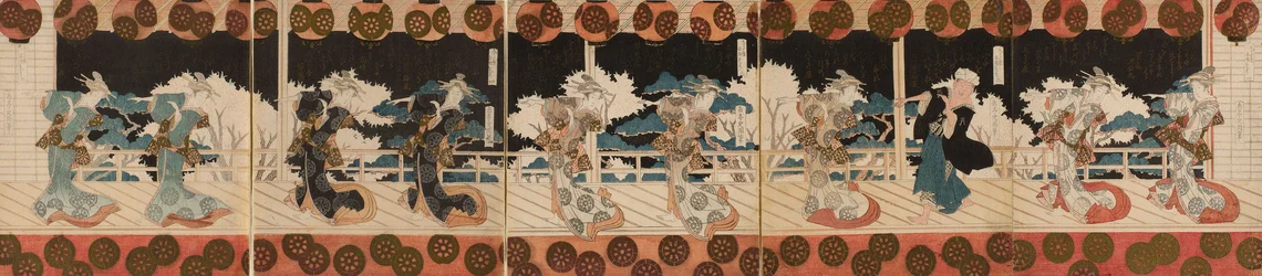 Tanzende Kurtisane und ein Mann (möglicherweise Dichter Hisakataya), Zwei, aus der Serie „Furuichi-Tanzaufführung (Furuichi odori)“ für den Hisakataya-Dichterclub