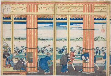 Der Regenschutz am Nii-Hügel am Aji-Fluss, Osaka (Osaka Ajigawa Niiyama amayadori), aus der Serie "Berühmte Orte in Osaka: Schöne Ansichten des Tenpo-Berges (Naniwa meisho Tenpozan shokei ichiran)"