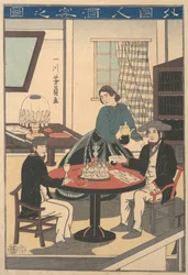 Weinparty eines Ausländers Gaikokujin shuen no zu, aus einer unbetitelten Serie von ..., 10. Monat, 1860