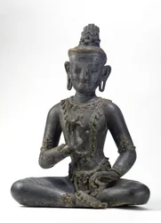 Nepalesisch-chinesischer Bodhisattva (Lack, Stoff, Spuren von Blau, Gold und grüner Farbe & Blattgold)