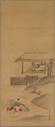 Minamoto no Nakakuni besucht Lady Kogo, Triptychon von Hängerollen