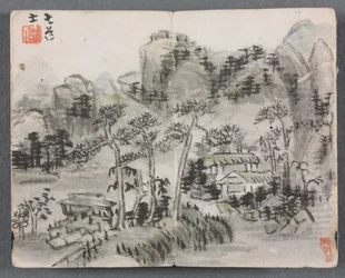 Miniaturalbum mit Figuren und Landschaft (Landschaft mit zwei Gebäuden)
