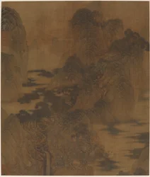 Landschaft: Bergschlucht, Nebel, ein Bach und Gebäude, Ming-Dynastie, 17. Jahrhundert