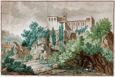 Ein Kloster in Italien. Pilger verehrt das Kreuz Jesu Christi in einer Höhle. ca. 1850