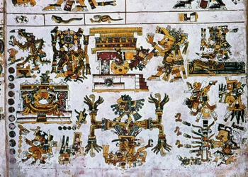 Detail aus einer Faksimile-Kopie einer Seite des Codex Borgia, die die vier Richtungen und das Zentrum zeigt (Farblithografie)