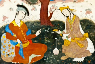Fresko; zwei Liebende; persische Miniatur; Chehel Sotoun; Vierzig-Säulen-Palast; Isfahan; Iran; Asien