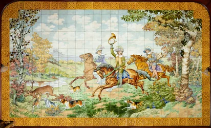 Innenansicht, Fliesenpaneel, Maler Furcy Ernest Tondeur, Ausführung Boch Frères La Louvière, erstes Paneel, Jagdszene mit drei Reitern