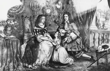König Ludwig XIV. und seine Tochter bitten die Herzogin Louise de La Valliere, nicht ins Kloster zu gehen