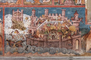 Kloster Moldovita. Die Kirche. Außenansicht. Südlich. Linker Teil. Wandmalerei.