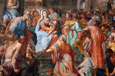 Geburtsszene. Fresko. San Donato Kirche. Genua. Italien.