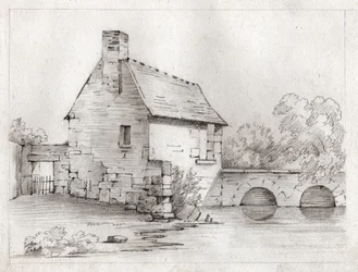 Bauernhaus am Flussufer. circa 1830 (Illustration)