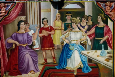 Bildliche Dekoration, die eine römische Matrone auf einem sizilianischen Wagen darstellt, Sizilien, Italien, (Detail)