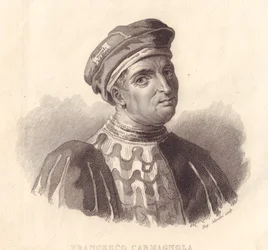Porträt des italienischen Heerführers Francesco da Bussone, auch bekannt als Carmagnola (1380-1432), Kupferstich von E. Silvestri nach einem Gemälde
