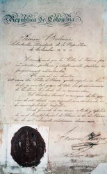 Der Akt, durch den Simon Bolivar die Stadt San Miguel de Ibarra zur Hauptstadt der umliegenden Provinz erklärte, damals Teil von Großkolumbien (heute Ecuador), 2. November
