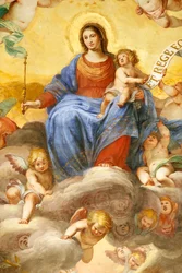 Jungfrau Maria und Kind. Fresko. Palazzo Fieschi-Crosa Di Vergagni. Genua. Italien