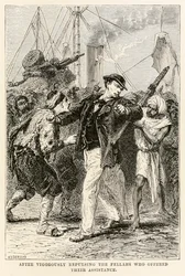Nach dem energischen Zurückweisen der Fellachen, die ihre Hilfe anboten, aus In 80 Tagen um die Welt von Jules Verne, graviert von Henri-Théophile Hildebrand, 1873