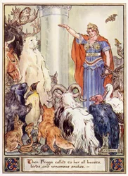 Dann rief Frigga alle Tiere, Vögel und giftigen Schlangen zu sich