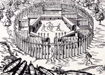 Ein Guarani-Dorf, aus Gottfrieds Historia Antipodum, veröffentlicht 1655, aus Die Romanze des Rio de la Plata, Bd. I, von W. H. Koebel, 1914