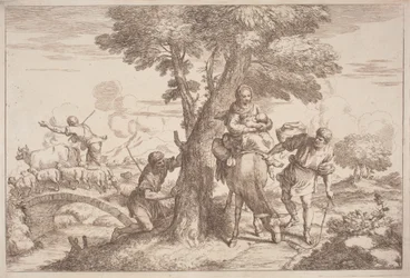 Die Flucht nach Ägypten mit einem Hirten, der hinter einem Baum zusieht