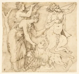 Ein Satyr, zwei Frauen, ein Löwe und eine Ziege