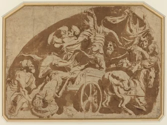 Flucht des Meriones, mit dem toten Coeranos, der aus dem Streitwagen gezogen wird